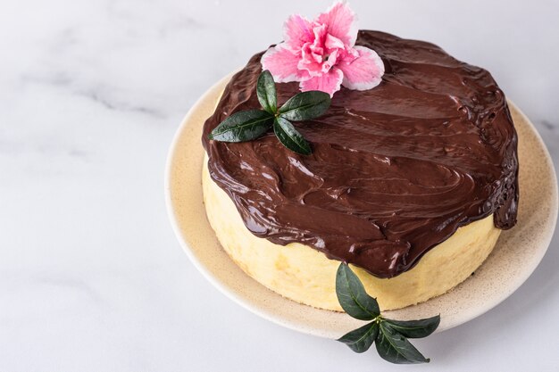 Japanese cotton souffle cheesecake decorated with chocolate glaze on ceramic plate