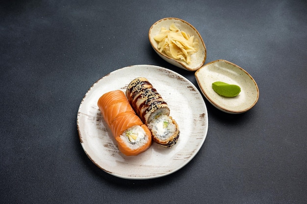 Japanese cuisine assorted rolls Philadelphia Close up