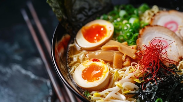 Photo japanese cuisine ramen extreme closeup top view