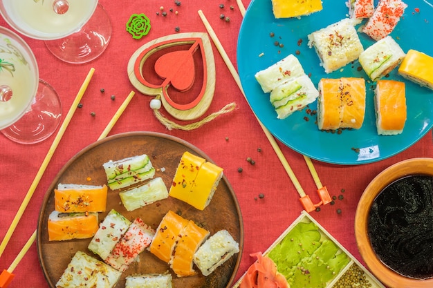 Japanese cuisine sushi on a red napkin festive breakfast