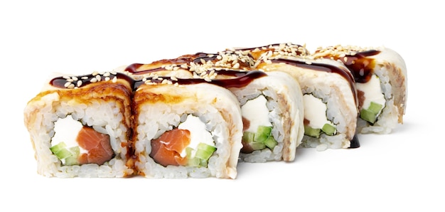 Japanese cuisine sushi roll on a white surface