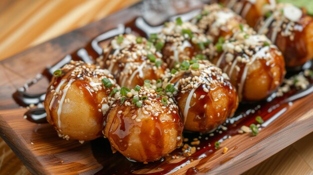 Japanese Cuisine Takoyaki extreme closeup top view