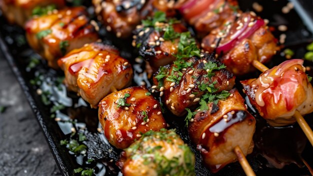 Japanese Cuisine Yakitori extreme closeup top view