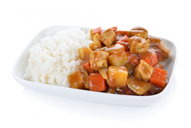 Japanese curry and rice on white