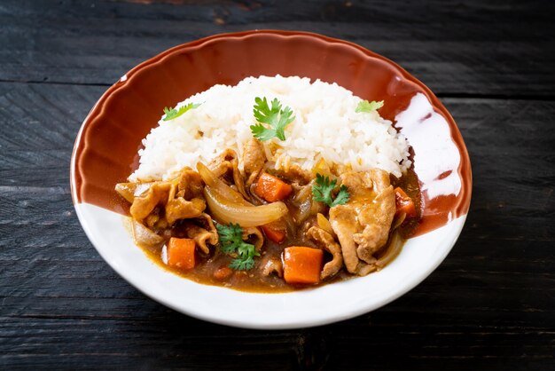 Japanese curry rice with sliced pork, carrot and onions - Asian style