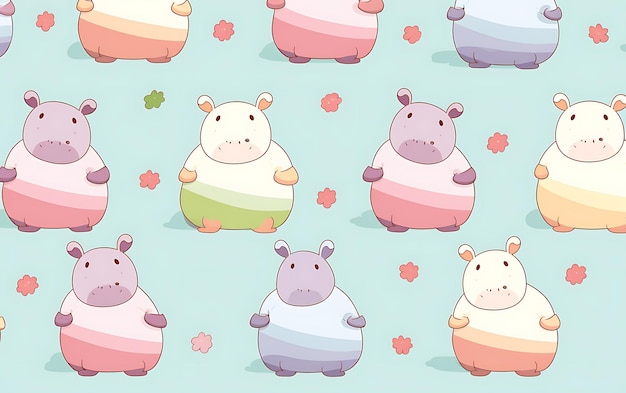 Japanese cute hippotamus repeated patterns anime art style with pastel colors