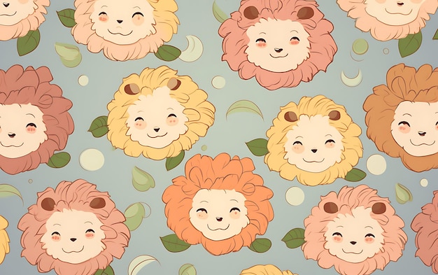 Japanese cute lion repeated patterns anime art style with pastel colors