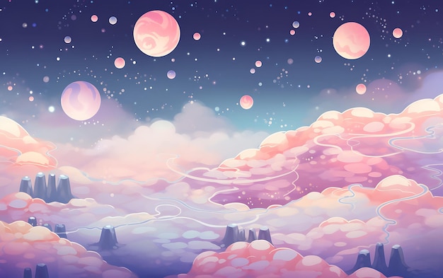 Japanese cute planet repeated patterns anime art style with pastel colors