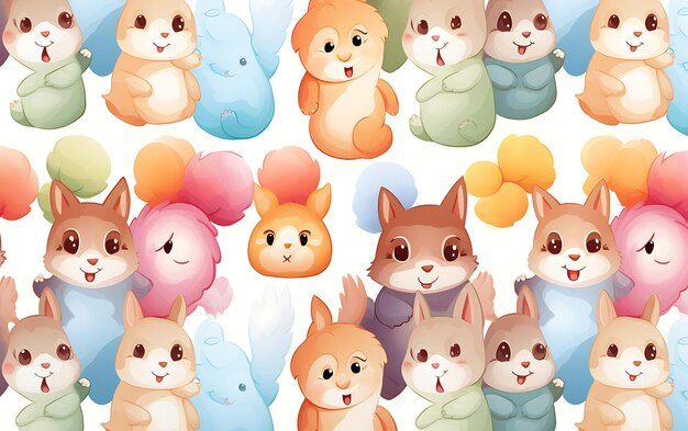 일본 귀여운 다람쥐 반복 패턴 애니메이션 아트 스타일과 파스텔 색상