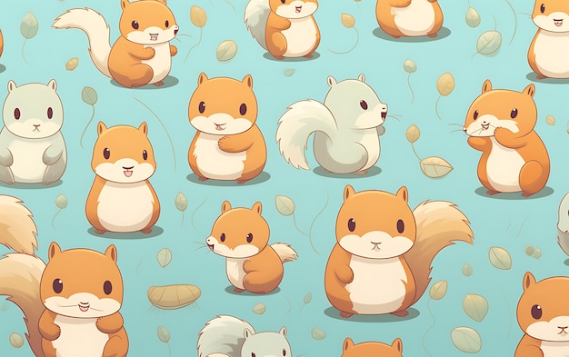 Japanese cute squirrel repeated patterns anime art style with pastel colors