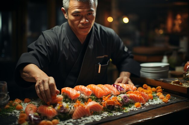 日本 の 美味しい 食事 に は,しばしば 新鮮 な 海鮮 野菜 や 他 の 材料 が 添え られ て いる,<unk> を 塗っ た 米 の み 切っ た 部分 が 含ま れ て い ます.