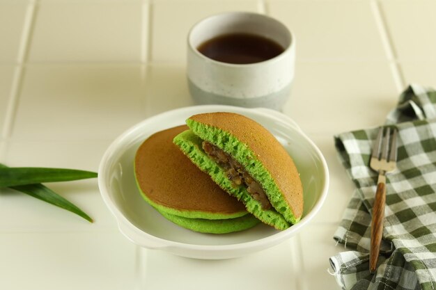 Japanese dessert, Green Tea Dorayaki Pan cake with mung bean