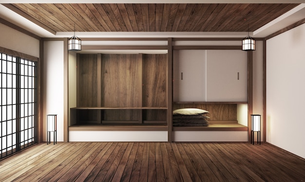 Japanese display Room interior, wooden flooring on light White background. 3D rendering