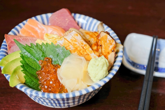 Japanese Donburi lunch set, Premium fresh raw seafood mixed Japanese rice bowl