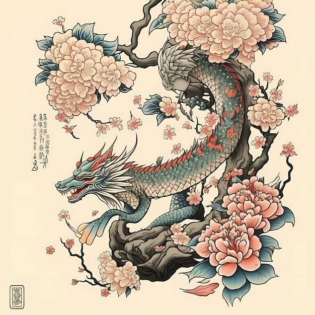 Premium AI Image | Japanese dragon and cherry blossoms Chinese dragon ...