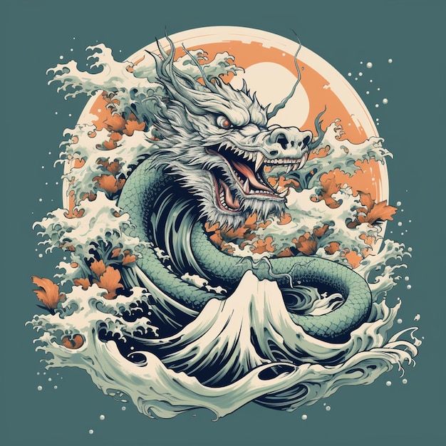 Japanese dragon illustration sea of japan detailed design for streetwear and urban style