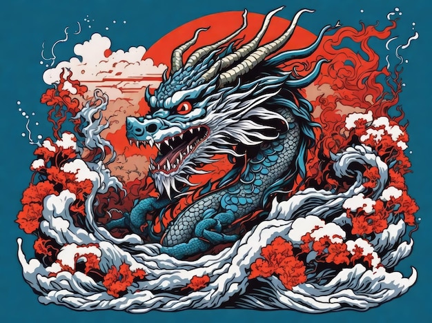 japanese dragon on waves