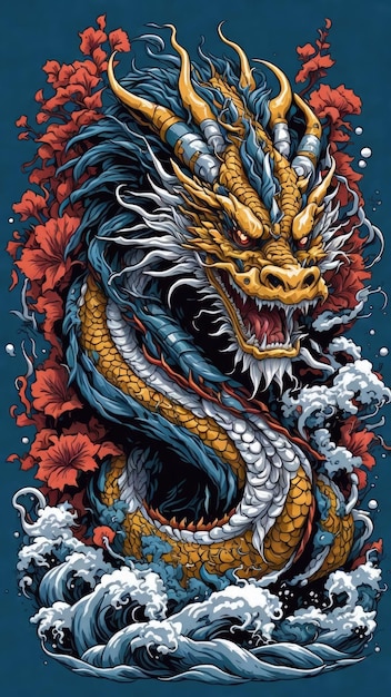 japanese dragon on waves