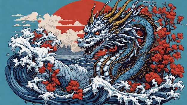 japanese dragon on waves