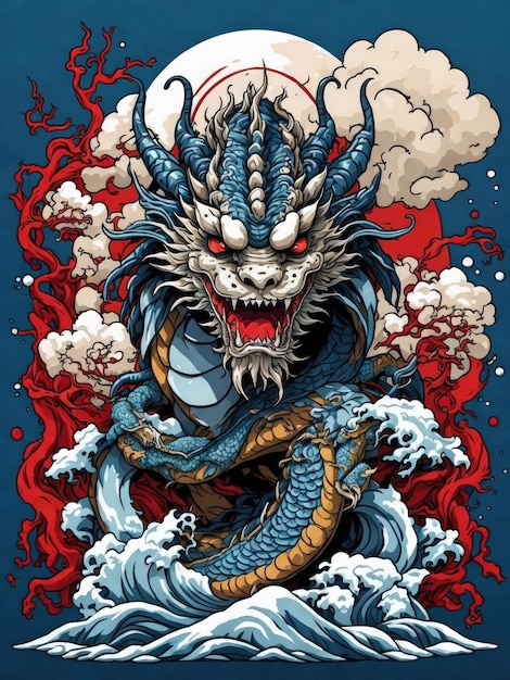 japanese dragon on waves