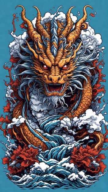 japanese dragon on waves