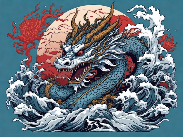 japanese dragon on waves