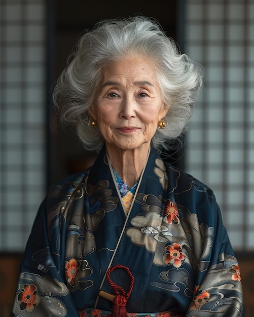 Photo an japanese elderly women in a solid wallpaper