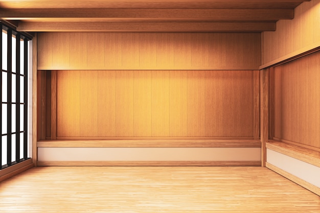 japanese empty room wood on wooden floor japanese interior design.3d rendering