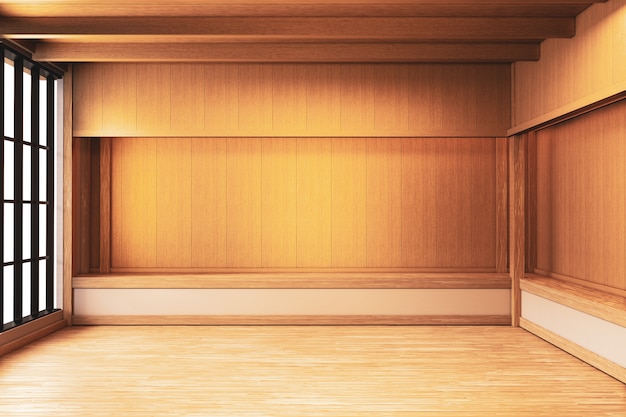 Japanese Empty room wood on wooden floor japanese interior design.3D rendering