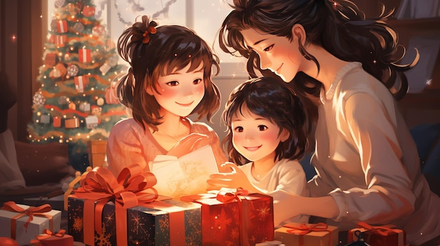 Японская семья распаковывает вещи вместе, фиксируя праздничную новогоднюю вечеринку в стиле аниме.