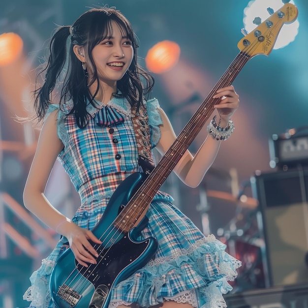 Photo japanese female bassist risa honma playing bass guitar on stage