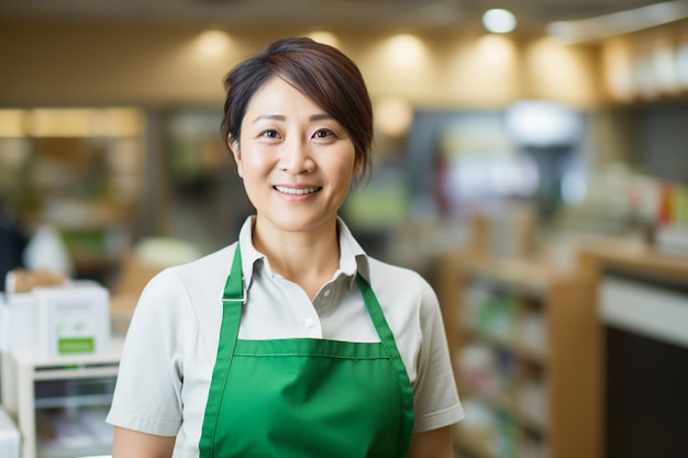 写真 横向きにアプロンを着た日本の女性児童保育職員