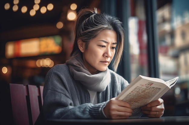 Japanese female haircut in bar with menu Cute person face with hair style Generate Ai