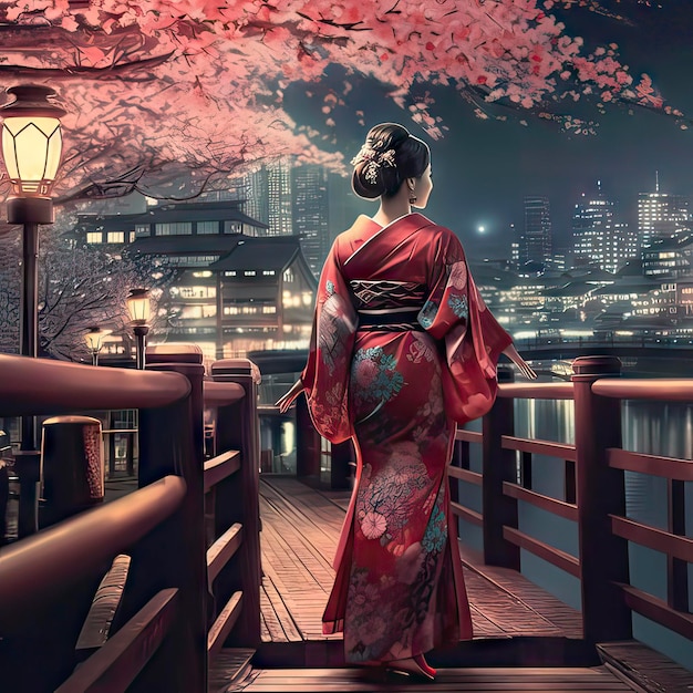 Japanese female in the traditional Red Kimono