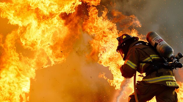 japanese firebarged man featuring fire brigade member dramatic action pose battle fierce blaze scene