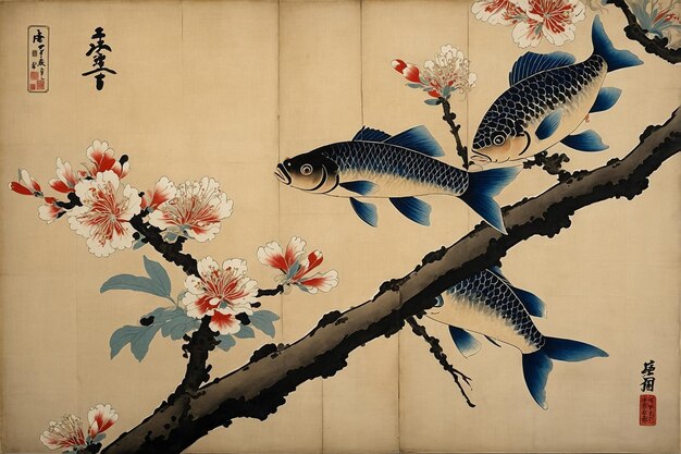 Photo japanese fish painting edo art period japanese blossom tree painting