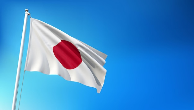 Japanese Flag Flying on Blue Sky Background 3D Render