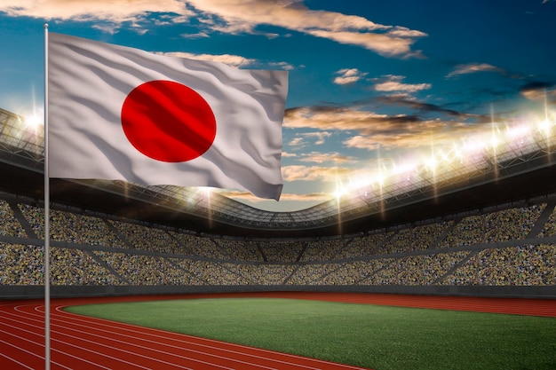 Japanese Flag in front of a Track and field Stadium with fans.