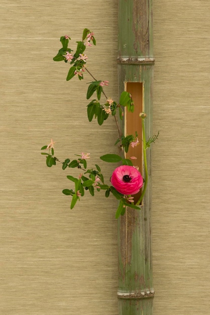 Japanese flower arrangement in bamboo