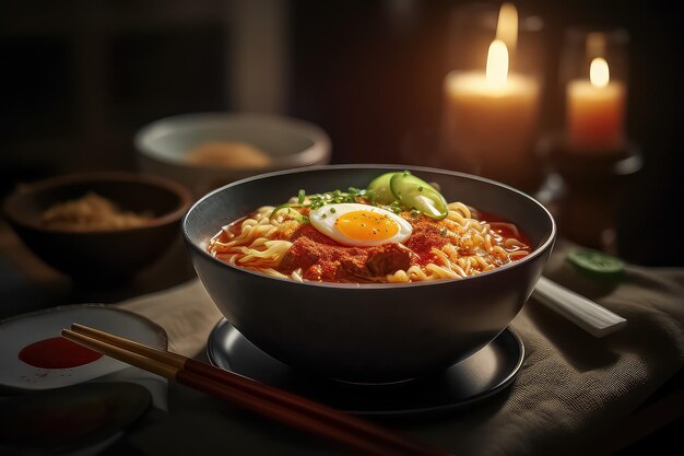 Japanese food asian miso ramen noodles with egg pork and pak choi in a bowl