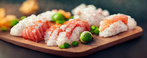 Japanese food mix on restaurant table sashimi salmon sushi and wasabi