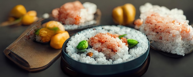 Japanese food mix on restaurant table sashimi salmon sushi and wasabi