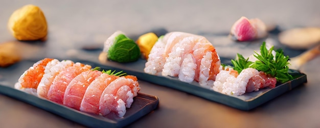 レストランのテーブルの上にある日本料理のミックスサシミサーモン寿司ワサビ