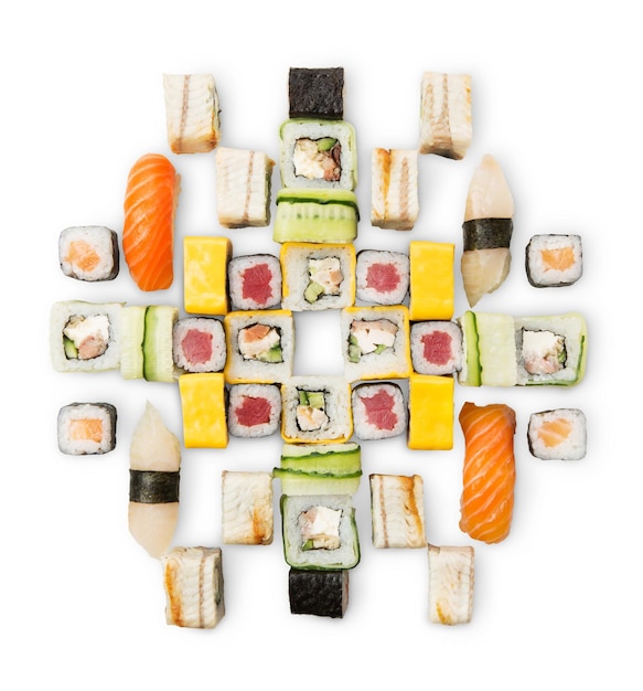 Photo japanese food restaurant delivery - sushi maki, unagi, tuna and california roll big party platter set isolated on white background, above view