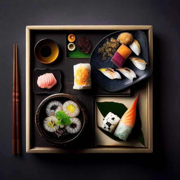 Photo japanese food served in large bowls and plates viewed from above generative ia