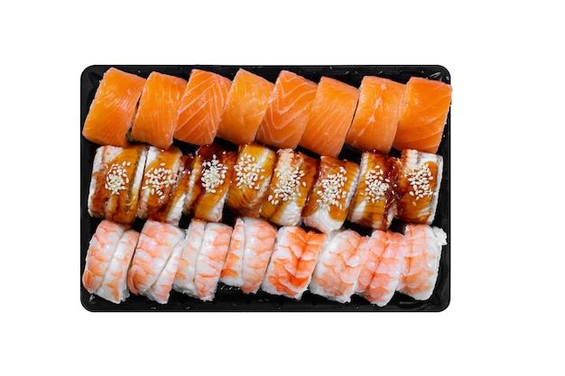 Photo japanese food, set rolls in king prawn, rolls in smoked eel with unagi sauce and philadelphia rolls with salmon in black box isolated on white background.