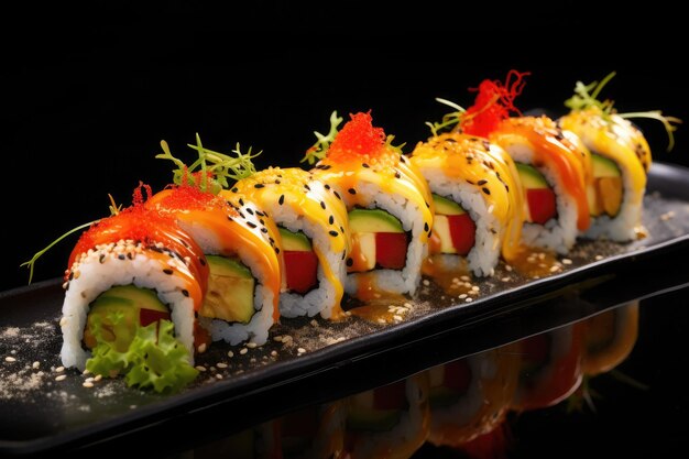 Japanese food Sushi and beaters on a black background Close up