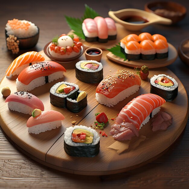 日本料理 寿司 現代料理 冷やかな色 魚 海鮮 サーモン 米 新鮮で美味しい