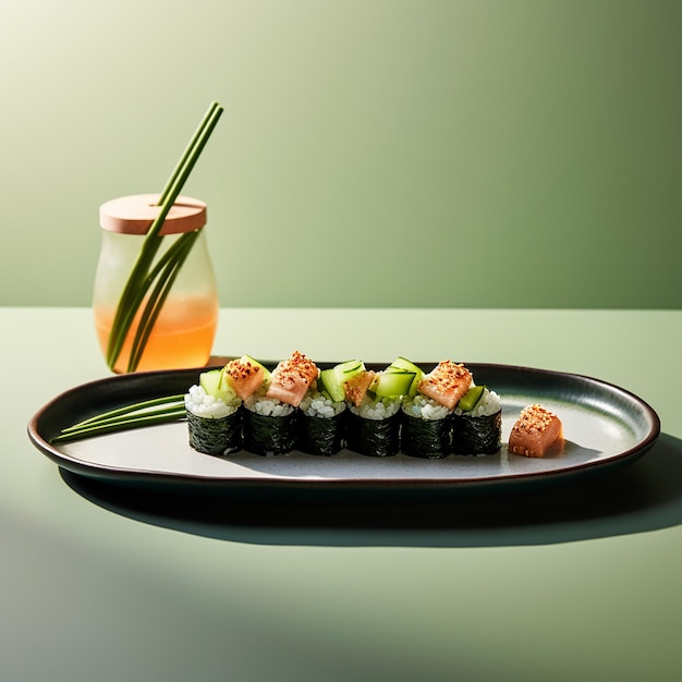 Японская еда суши современные прохладные цвета рыба морская еда лосось рис свежий вкусный