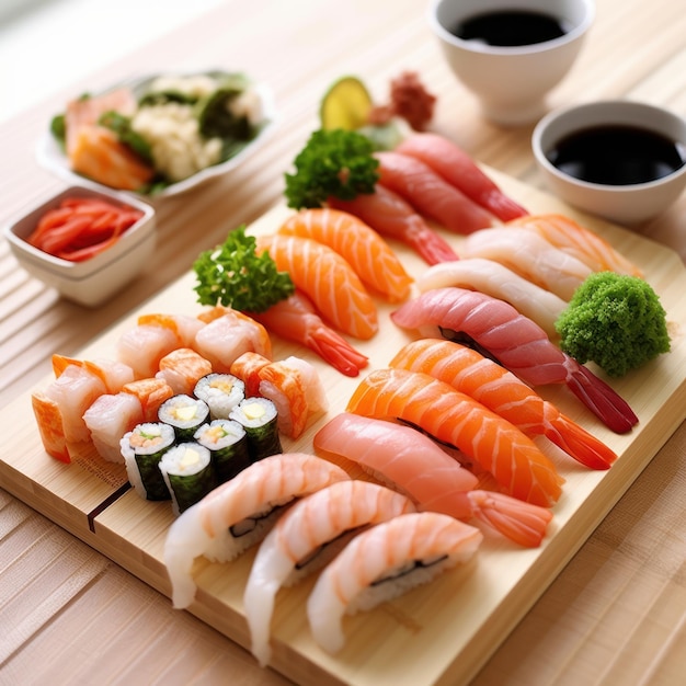 Japanese food Sushi and Nigiri Sushi Set on wooden plate